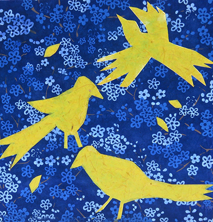 Goldenfinches in Hydrangea by Karen Brumelle